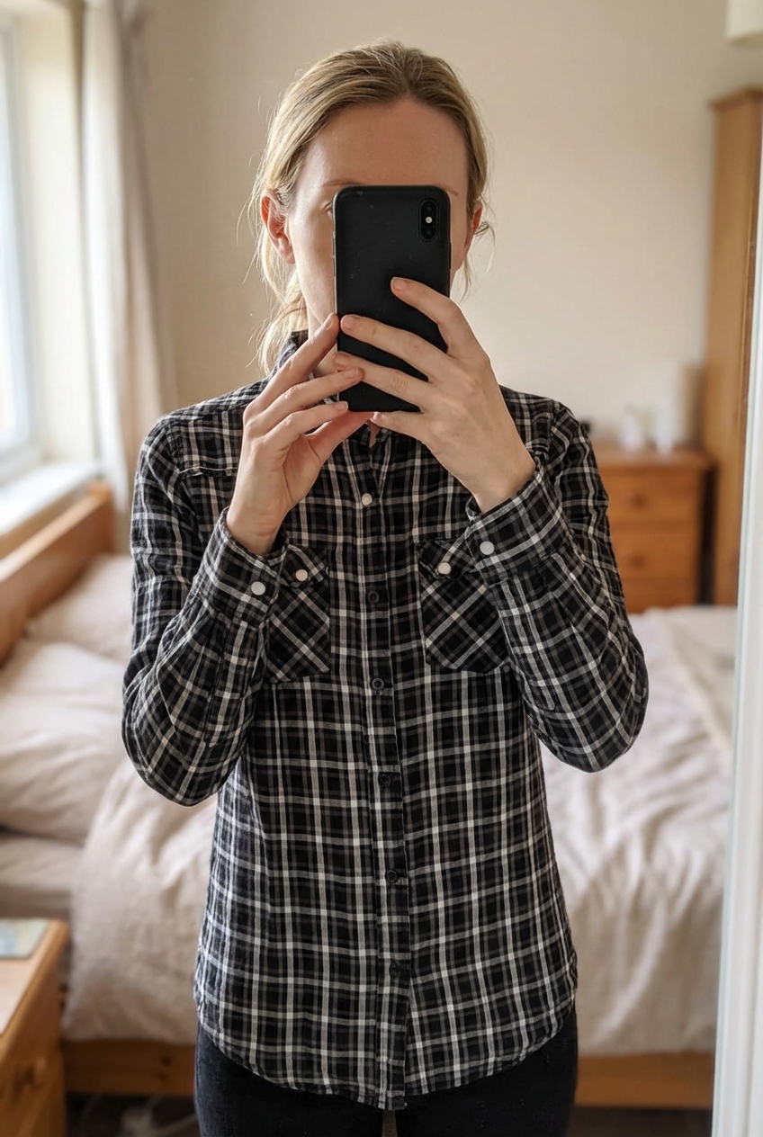 Une personne en Chemise femme à carreaux debout, face à la caméra, avec une silhouette fine, dans une chambre à la lumière douce, avec une lumière naturelle filtrant par la fenêtre.