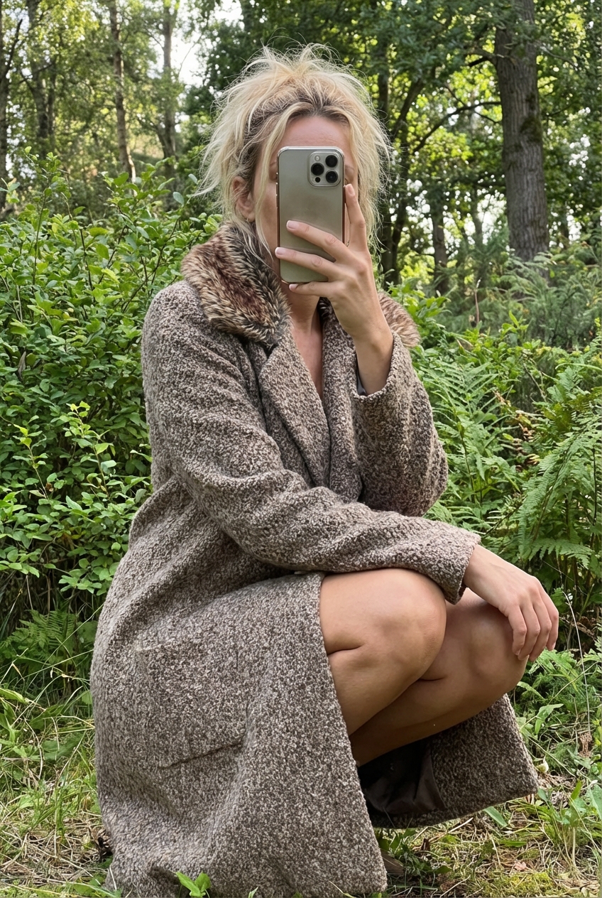 Une personne en 🧶 Gilet Brain de Malice marron fausse fourrure accroupi élégamment pour montrer le tombé et le mouvement du vêtement, en extérieur, dans un cadre naturel entouré de verdure et de lumière douce.