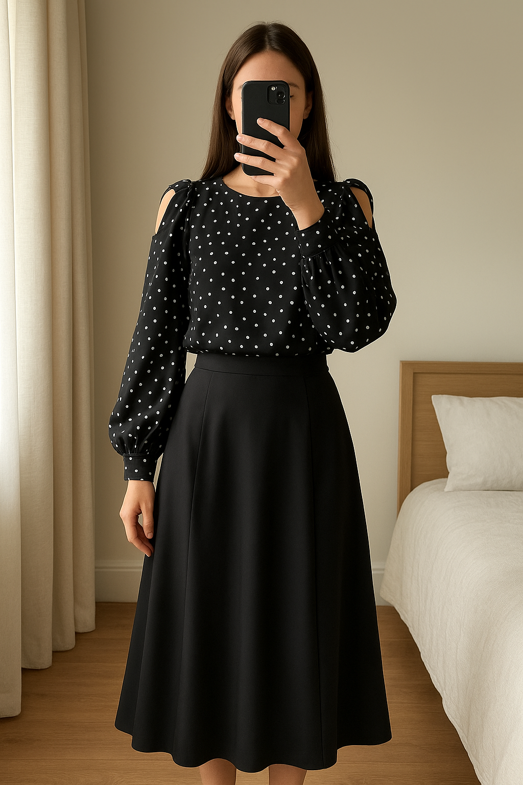 Sosandar Jumpsuit standing straight facing the camera, in a softly lit bedroom setting, with gentle natural light filtering through a window.