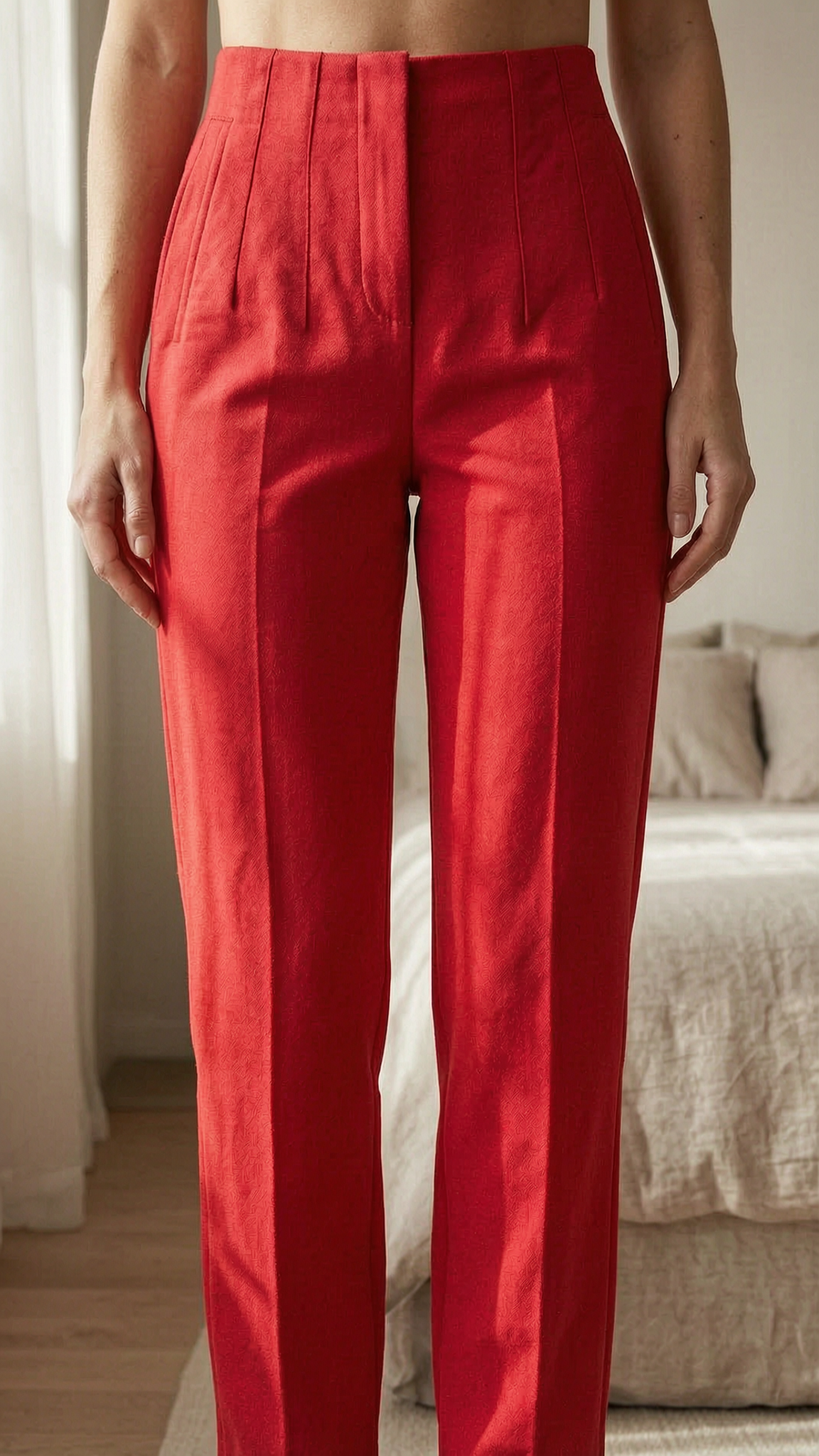 Pantalon habillé rouge vif taille haute debout, face à la caméra, dans une chambre à la lumière douce, avec une lumière naturelle filtrant par la fenêtre.