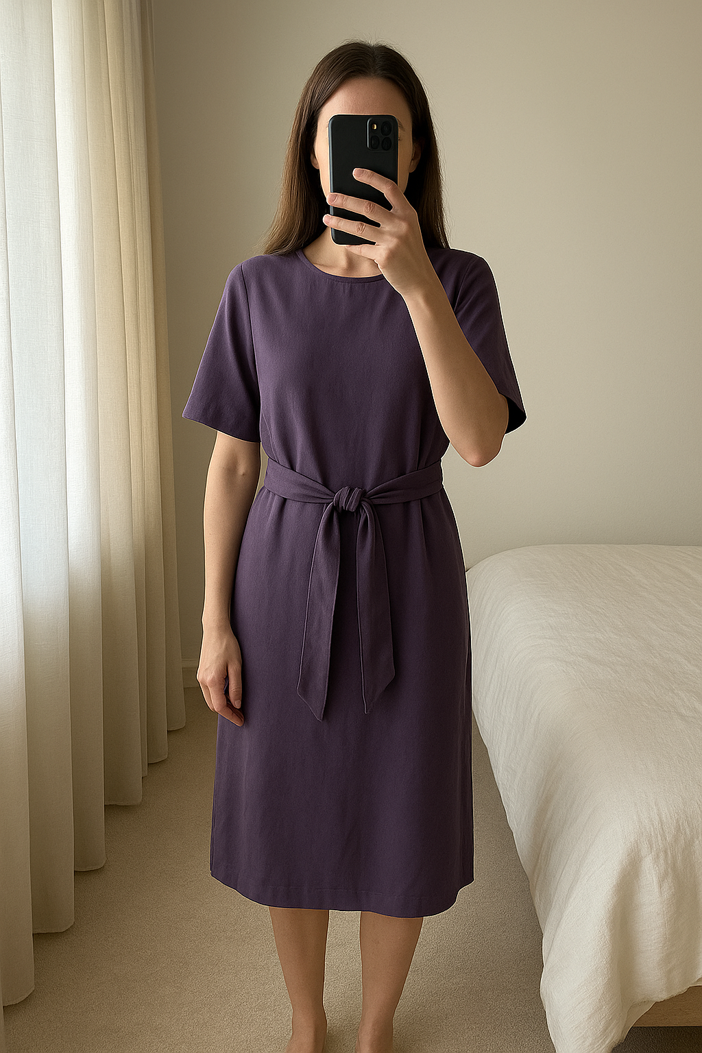 H&M Dress - Size 8-10 standing straight facing the camera, in a softly lit bedroom setting, with gentle natural light filtering through a window.