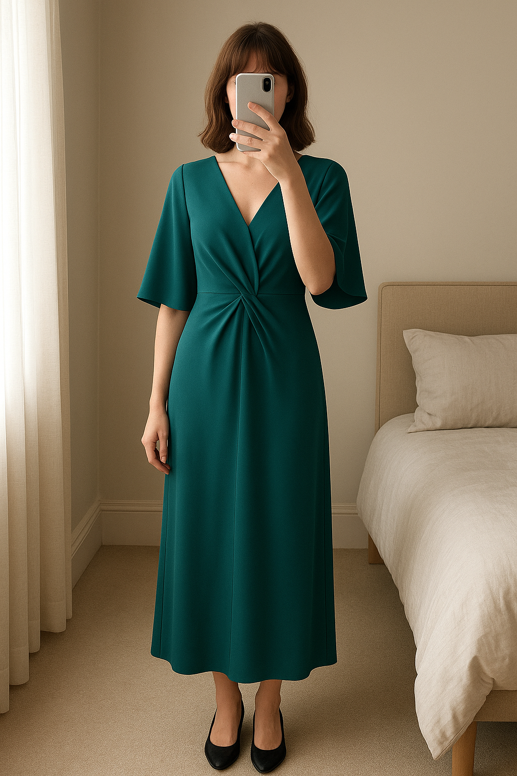 Phase Eight Jumpsuit standing straight facing the camera, in a softly lit bedroom setting, with gentle natural light filtering through a window.