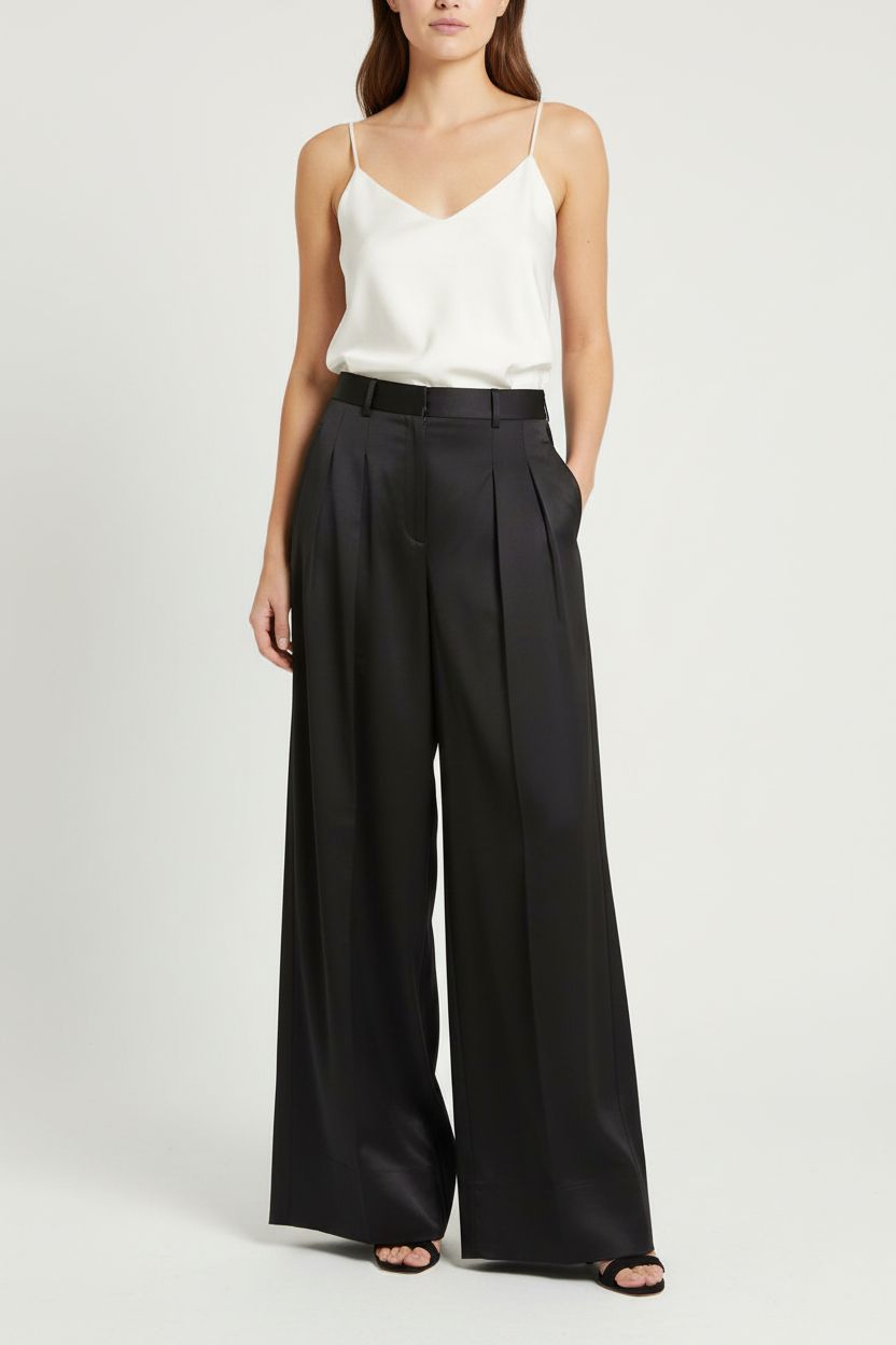 A person in Me+Em Black wide leg palazzo style trousers pants 12 standing straight facing the camera, in a clean photo studio with seamless white backdrop and softbox lighting.