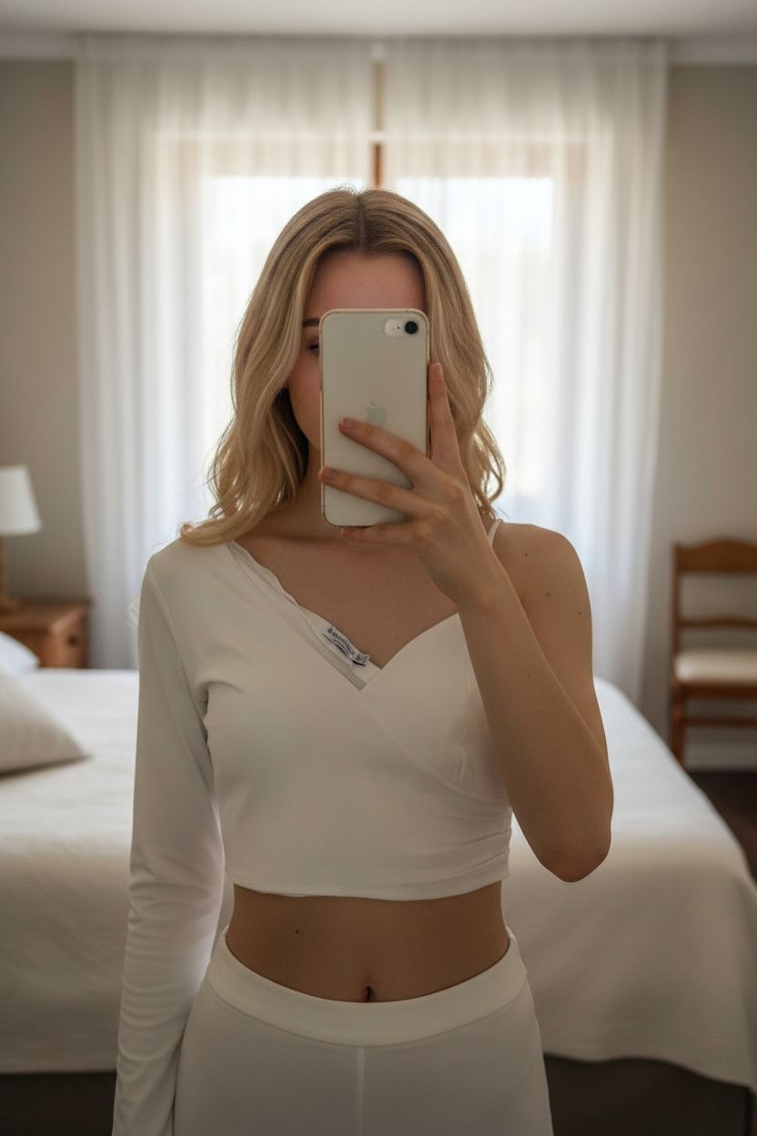 Une personne en Crop top blanc Stradivarius taille M debout, face à la caméra, avec une silhouette fine, dans une chambre à la lumière douce, avec une lumière naturelle filtrant par la fenêtre.