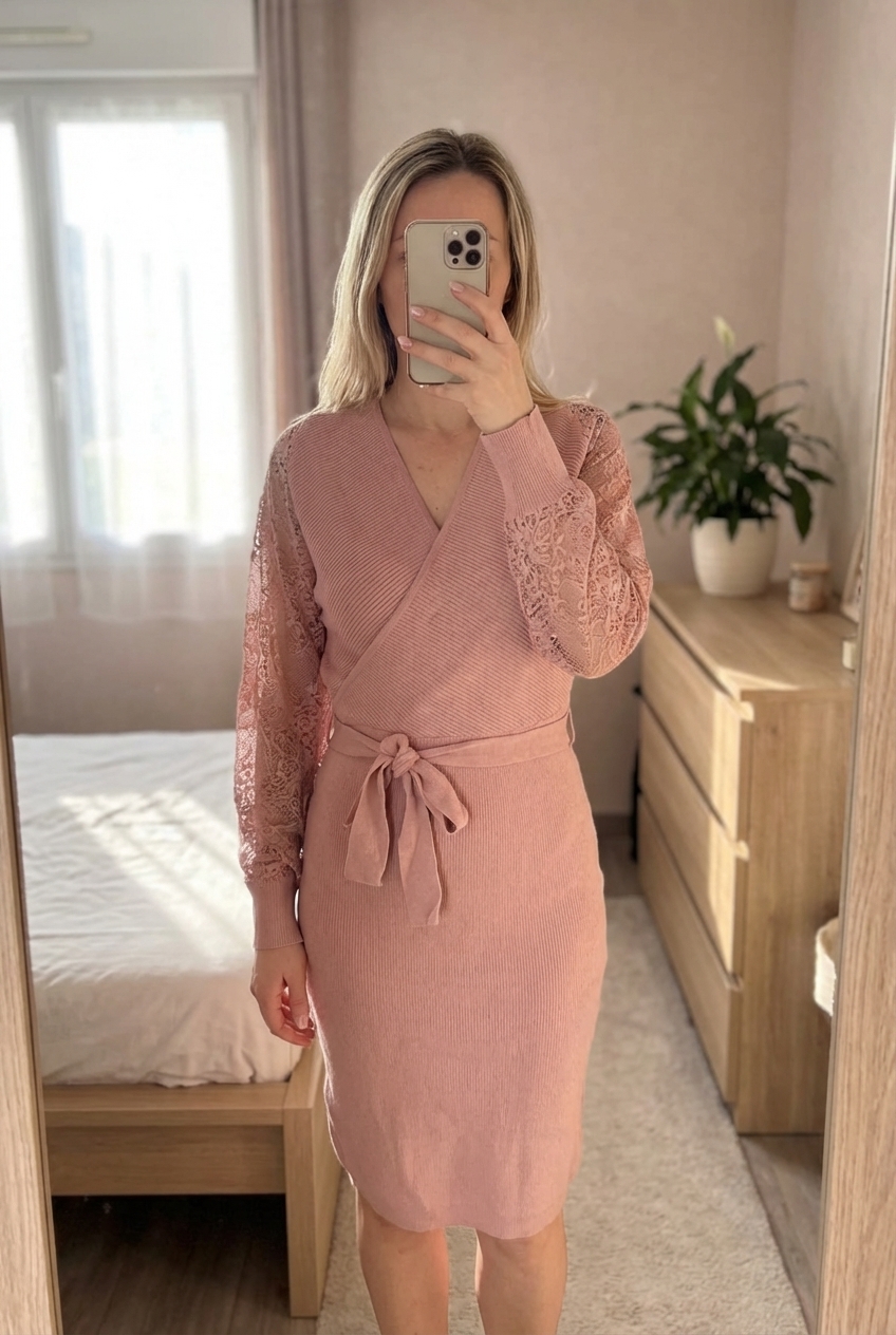 Magnifique Robe pull en maille et dentelle – Rose poudré – Taille unique 38 au 40 debout, face à la caméra, dans une chambre à la lumière douce, avec une lumière naturelle filtrant par la fenêtre.
