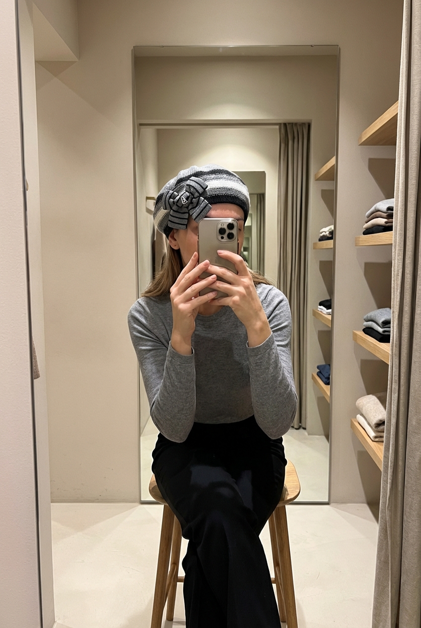 Una persona in Berretto in Maglia – Eleganza Invernale Raffinata seduto su una sedia alta, con postura rilassata, in un camerino in stile boutique con specchio e decorazioni neutre.