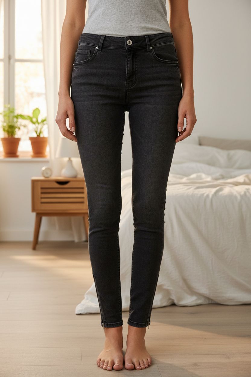 🖤 Jean Mieux by Gemo noir zippé debout, face à la caméra, dans une chambre à la lumière douce, avec une lumière naturelle filtrant par la fenêtre.