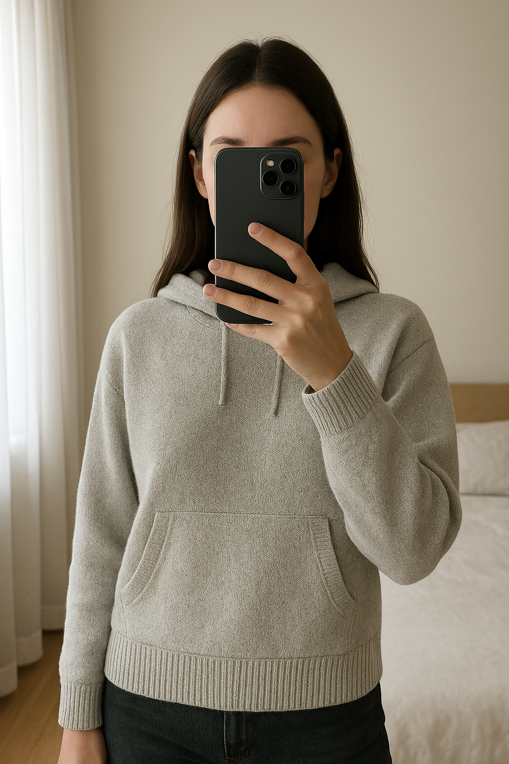 Poncho zara fille debout, face à la caméra, dans une chambre à la lumière douce, avec une lumière naturelle filtrant par la fenêtre.