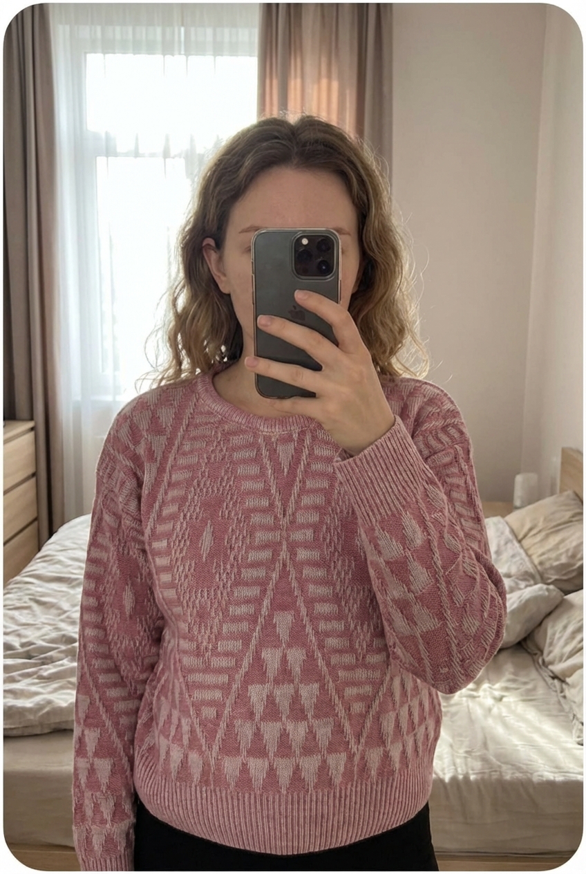 Pull d'Hiver Vintage Année 90 Wool 90'Sweater En Laine Made In USA Rose M debout, face à la caméra, dans une chambre à la lumière douce, avec une lumière naturelle filtrant par la fenêtre.