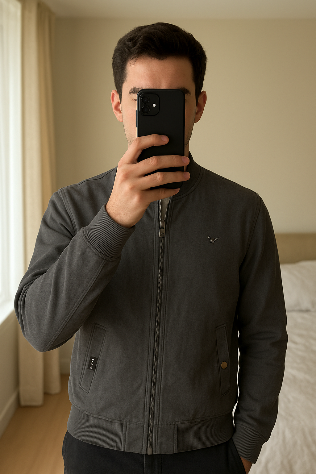 Newcastle United Official Merch Jacket standing straight facing the camera, in a softly lit bedroom setting, with gentle natural light filtering through a window.