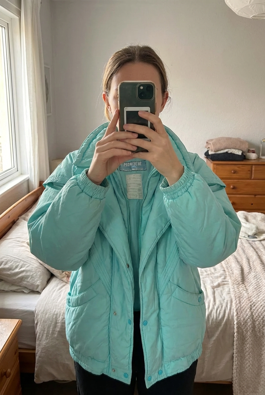 Blouson Providence sport et Compétition Femme! de pie, mirando a la cámara, en un dormitorio con luz suave y natural filtrándose por la ventana.