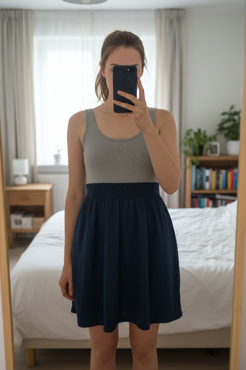 Robe taille L debout, face à la caméra, dans une chambre à la lumière douce, avec une lumière naturelle filtrant par la fenêtre.