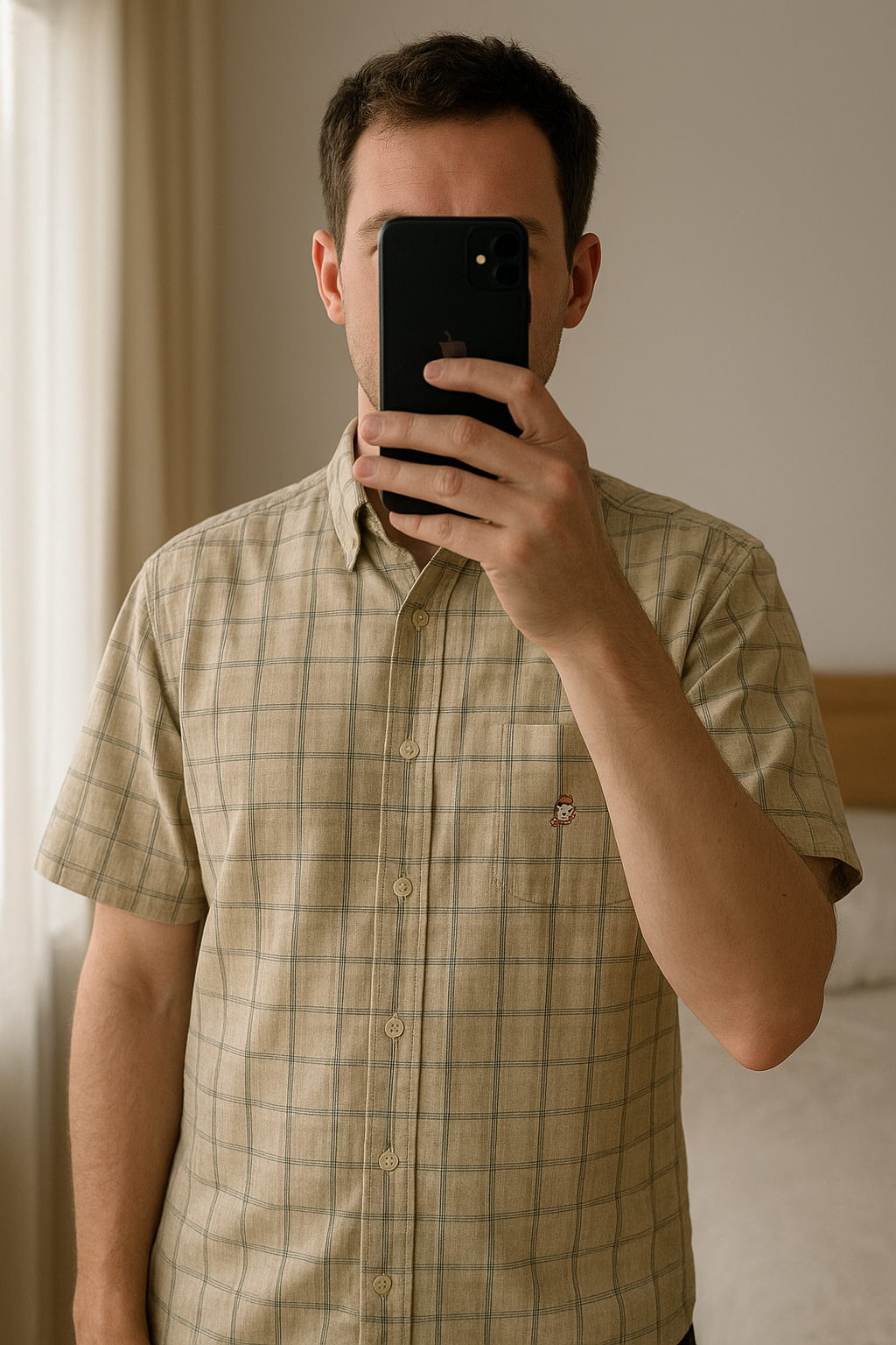 Chemise Tintin XL Moulinsart Hergé debout, face à la caméra, dans une chambre à la lumière douce, avec une lumière naturelle filtrant par la fenêtre.