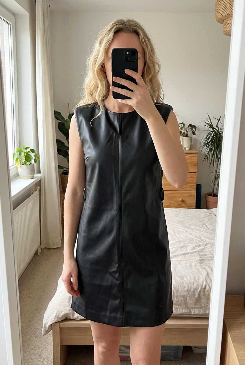 Une personne en Robe simili cuir sans manche - femme - XS - Zara debout, face à la caméra, dans une chambre à la lumière douce, avec une lumière naturelle filtrant par la fenêtre.