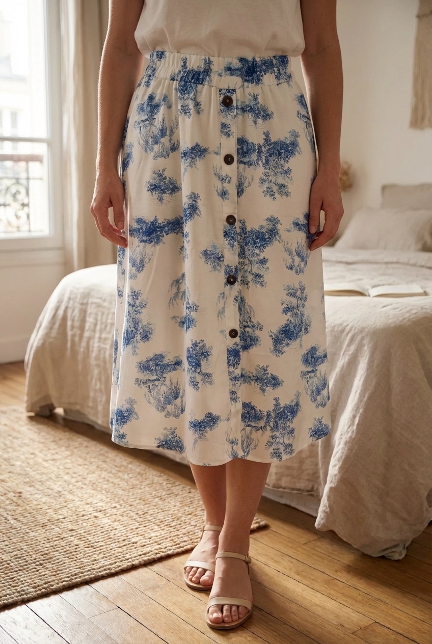 Longue jupe vintage shein taille M debout, face à la caméra, dans une chambre à la lumière douce, avec une lumière naturelle filtrant par la fenêtre.