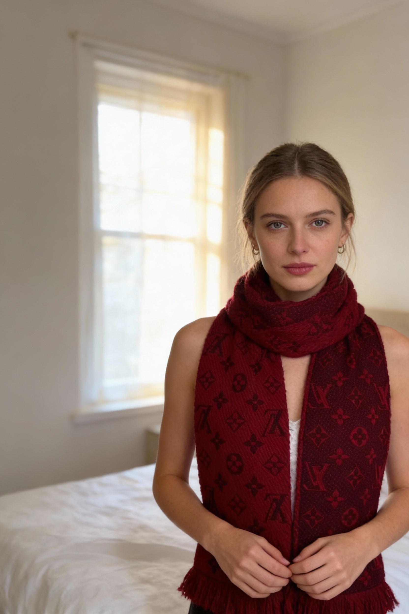 Louis Vuitton vintage Scarf wool burdeos Old School Old Money Unlimited unique edición debout, face à la caméra, dans une chambre à la lumière douce, avec une lumière naturelle filtrant par la fenêtre.