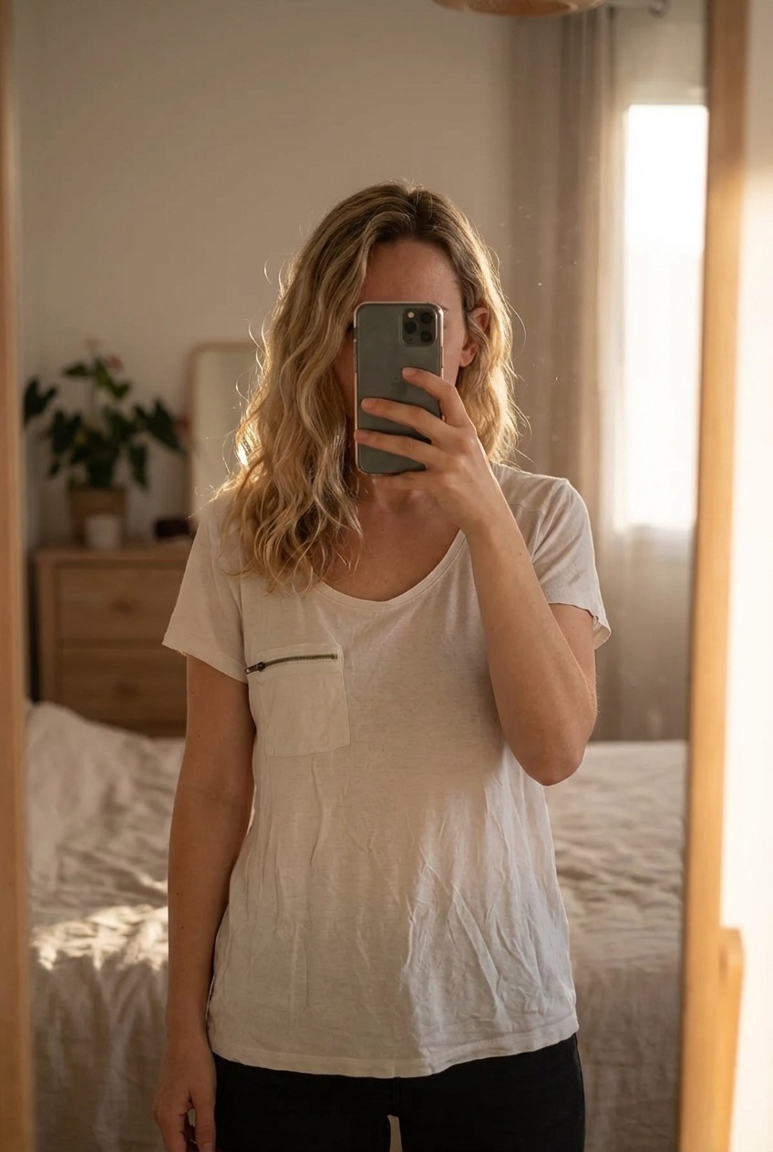 T-shirt blanc h&m debout, face à la caméra, dans une chambre à la lumière douce, avec une lumière naturelle filtrant par la fenêtre.
