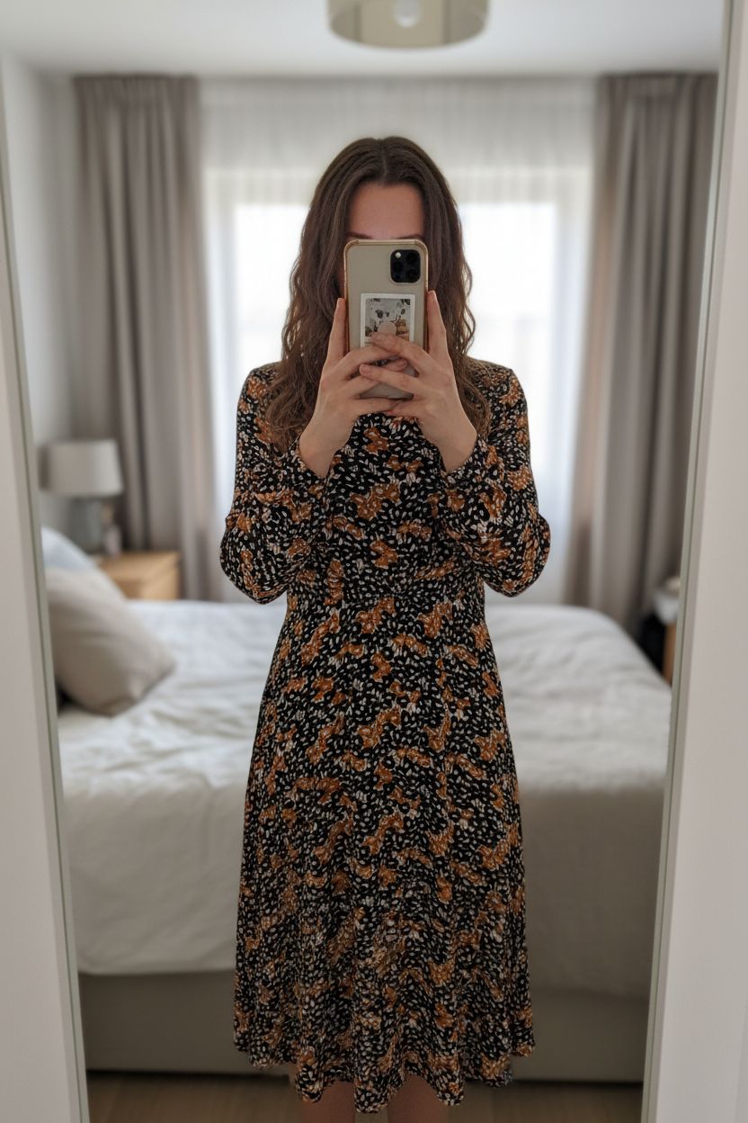 GHOST Midi Dress Size Small UK 10-12 Monikh Dale standing straight facing the camera, in a softly lit bedroom setting, with gentle natural light filtering through a window.