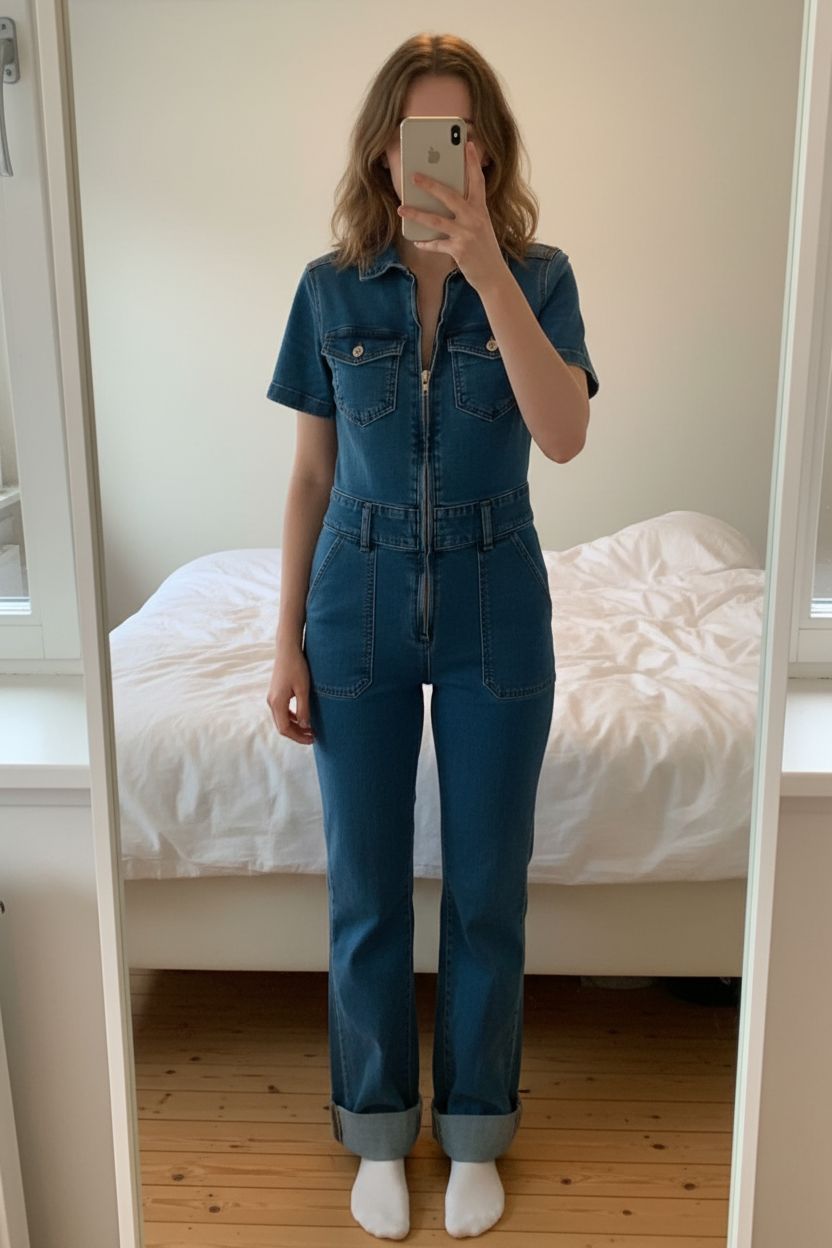 Combi jeans Stradivarius debout, face à la caméra, dans une chambre à la lumière douce, avec une lumière naturelle filtrant par la fenêtre.