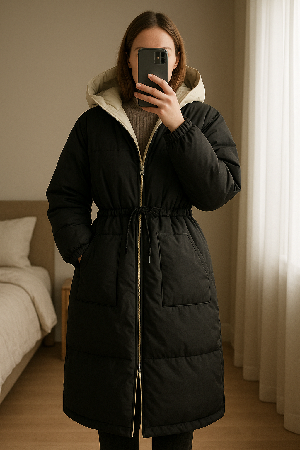 Didriksons Parka réversible modèle Anna 44/46 debout, face à la caméra, dans une chambre à la lumière douce, avec une lumière naturelle filtrant par la fenêtre.