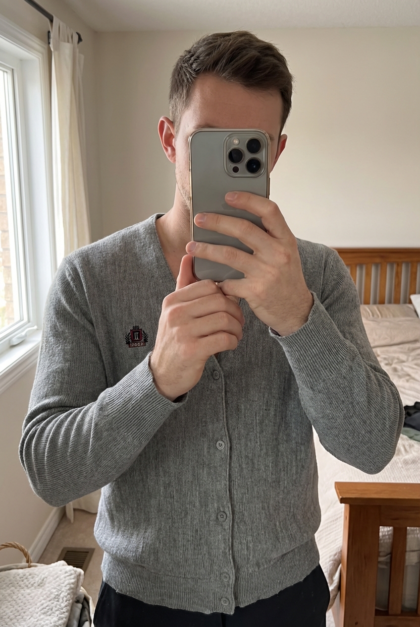 Cardigan Col V Vintage 100% Acrylique Izod Gris XL debout, face à la caméra, dans une chambre à la lumière douce, avec une lumière naturelle filtrant par la fenêtre.