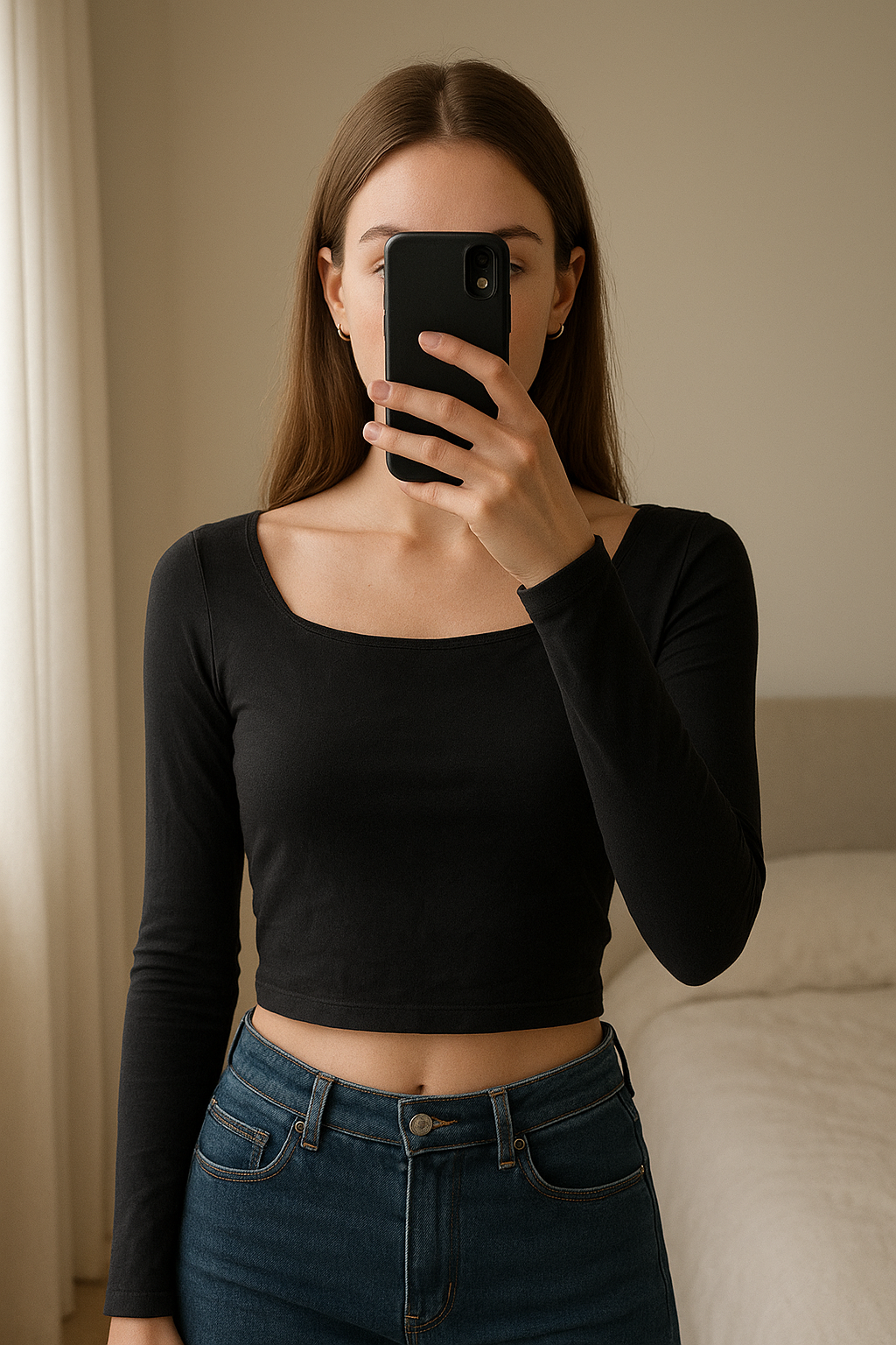 open back top standing straight facing the camera, in a softly lit bedroom setting, with gentle natural light filtering through a window.