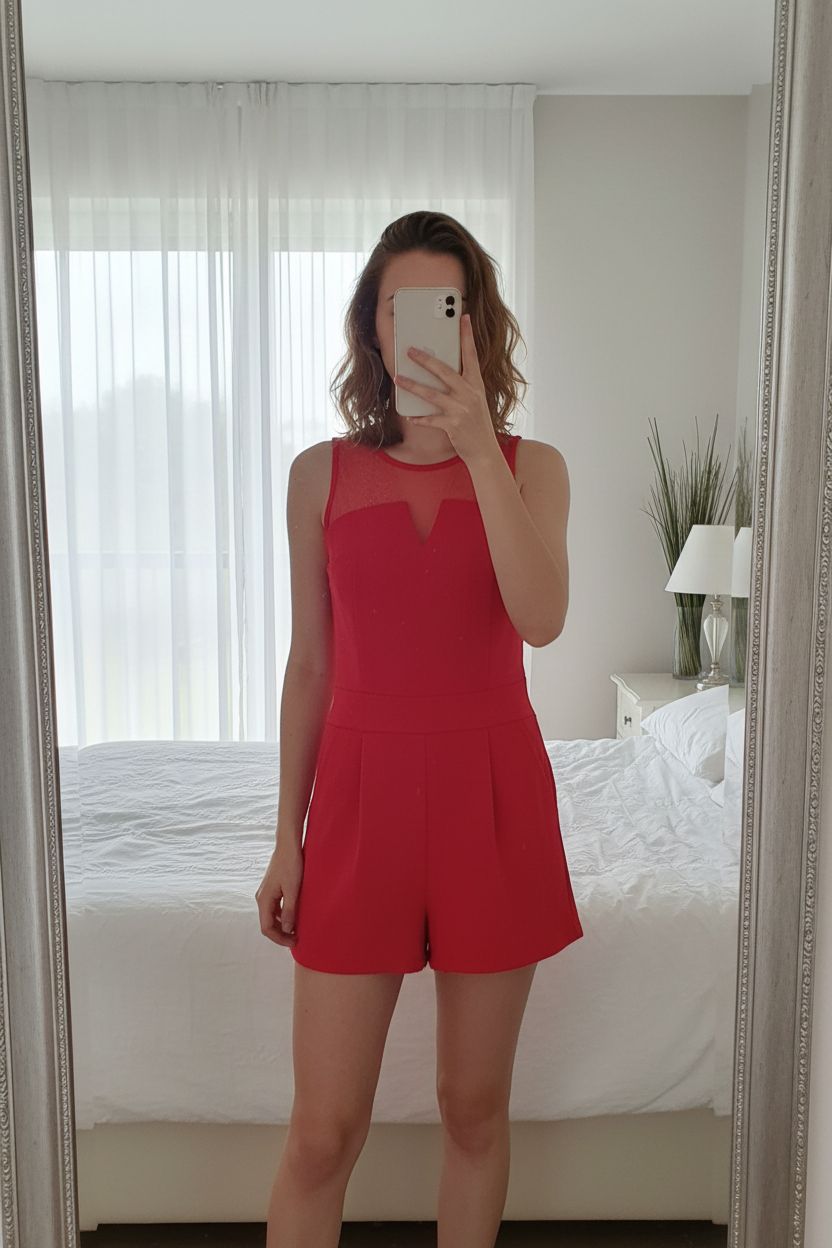 Combinaison short femme rouge taille 36 debout, face à la caméra, dans une chambre à la lumière douce, avec une lumière naturelle filtrant par la fenêtre.