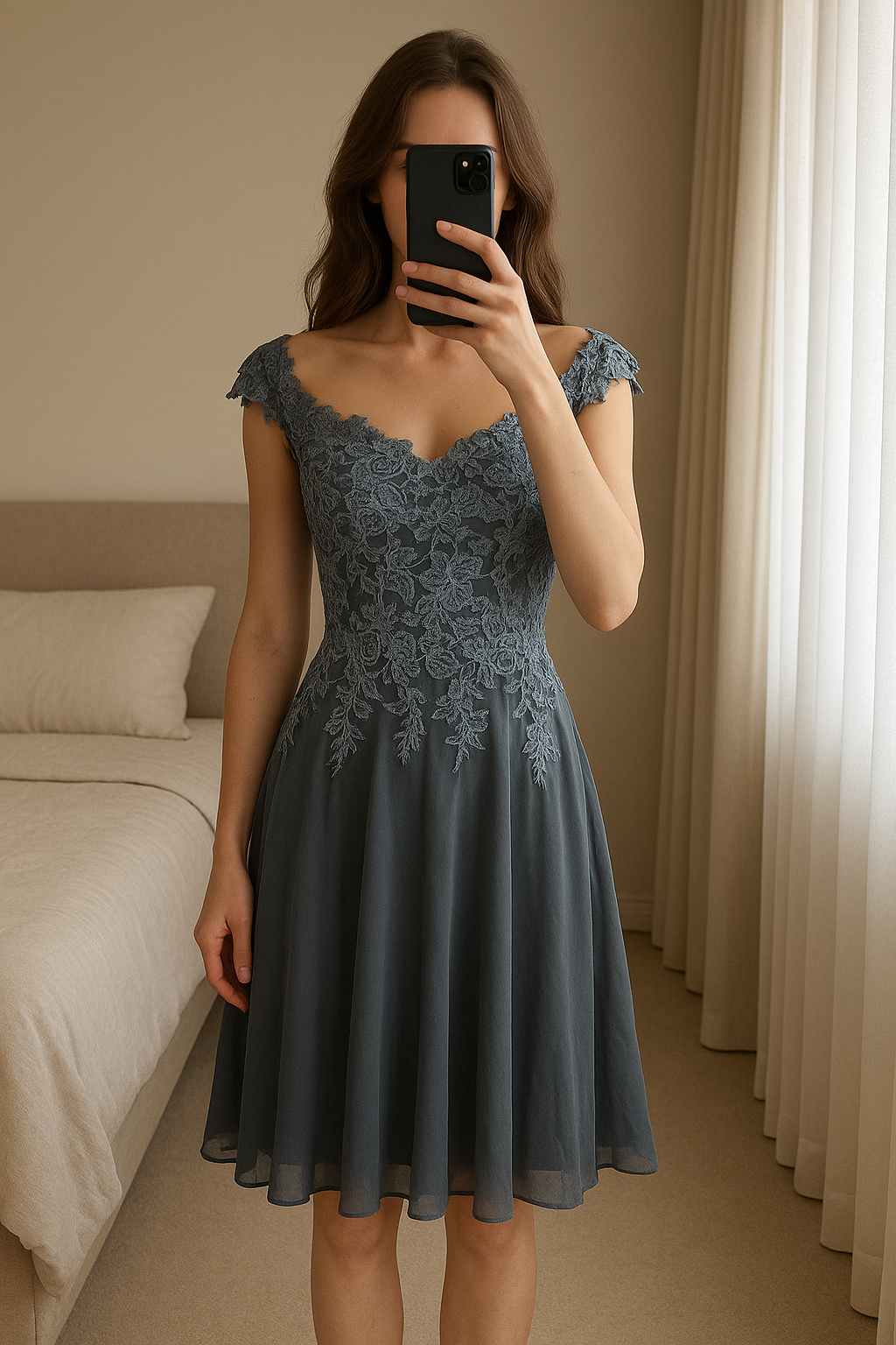 JJ House short lace grey dress, beautiful standing straight facing the camera, in a softly lit bedroom setting, with gentle natural light filtering through a window.