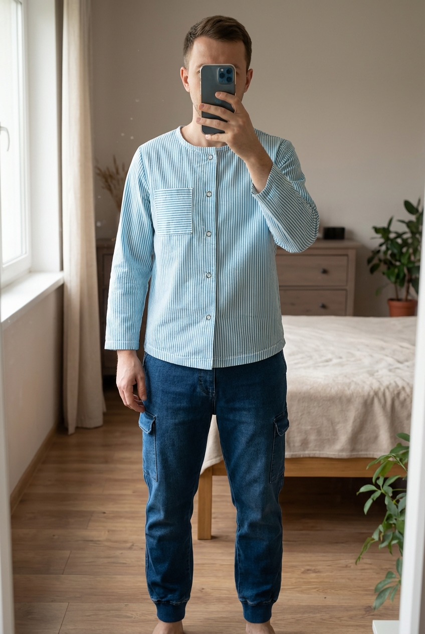 Ensemble bébé garçon La Redoute 3 mois – excellent état debout, face à la caméra, dans une chambre à la lumière douce, avec une lumière naturelle filtrant par la fenêtre.