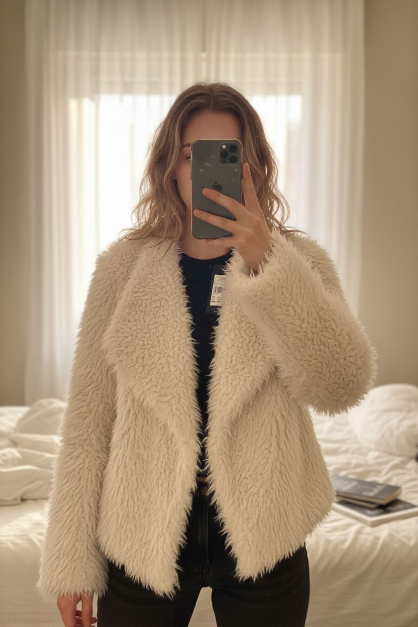 Veste neuve Mavi debout, face à la caméra, dans une chambre à la lumière douce, avec une lumière naturelle filtrant par la fenêtre.