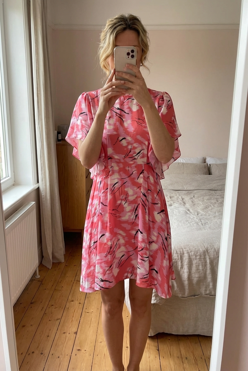 Robe en soie Claudie Pierlot T 40 neuf debout, face à la caméra, dans une chambre à la lumière douce, avec une lumière naturelle filtrant par la fenêtre.