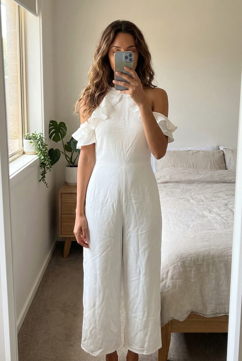 Une personne en Jumpsuit blanc à volants, taille 8 (UK) - Très bon état debout, face à la caméra, avec une silhouette fine, dans une chambre à la lumière douce, avec une lumière naturelle filtrant par la fenêtre.