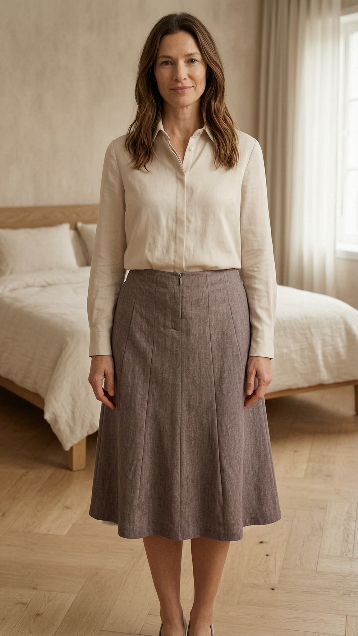 Jupe évasée marron taupe Happy D. by Damart – Taille 40 debout, face à la caméra, dans une chambre à la lumière douce, avec une lumière naturelle filtrant par la fenêtre.