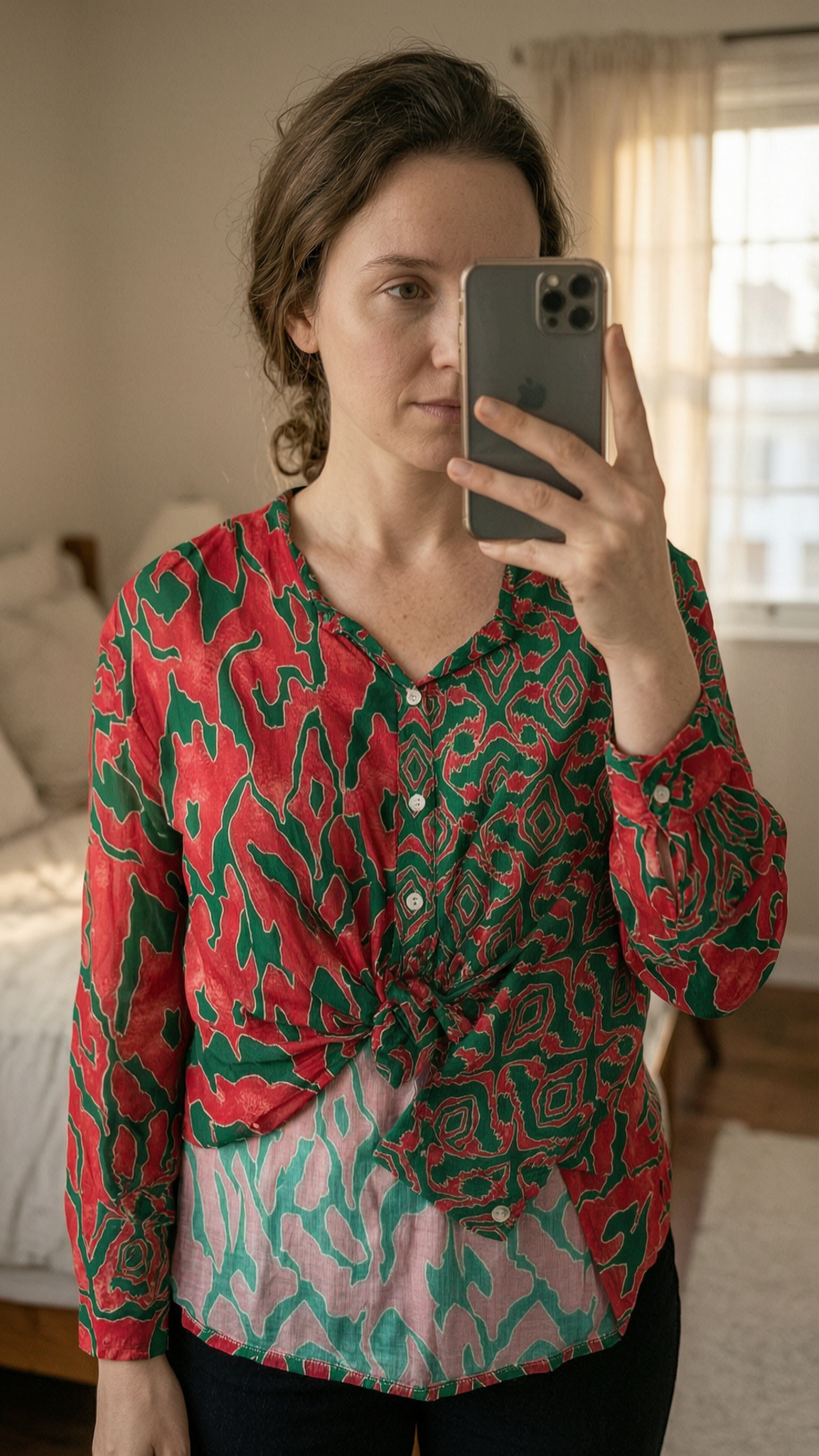 Blouse debout, face à la caméra, dans une chambre à la lumière douce, avec une lumière naturelle filtrant par la fenêtre.