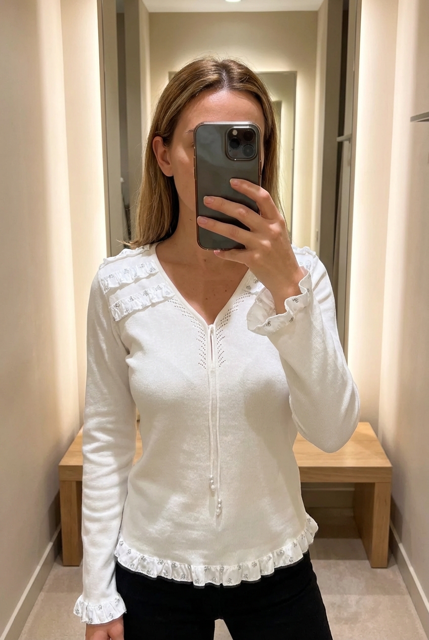 Una persona in Blusa elegante bianca con dettagli romantici Cod.3236 in piedi, rivolto verso la fotocamera, in un camerino in stile boutique con specchio e decorazioni neutre.