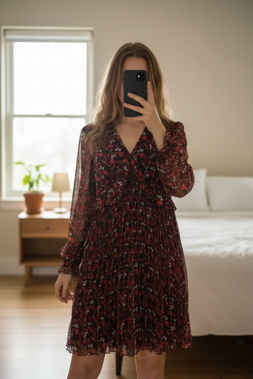 Robe plissée debout, face à la caméra, dans une chambre à la lumière douce, avec une lumière naturelle filtrant par la fenêtre.