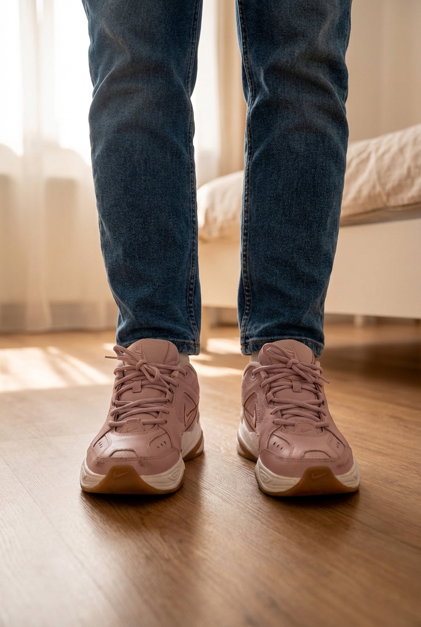 Nike Tekno MK2 debout, face à la caméra, dans une chambre à la lumière douce, avec une lumière naturelle filtrant par la fenêtre.