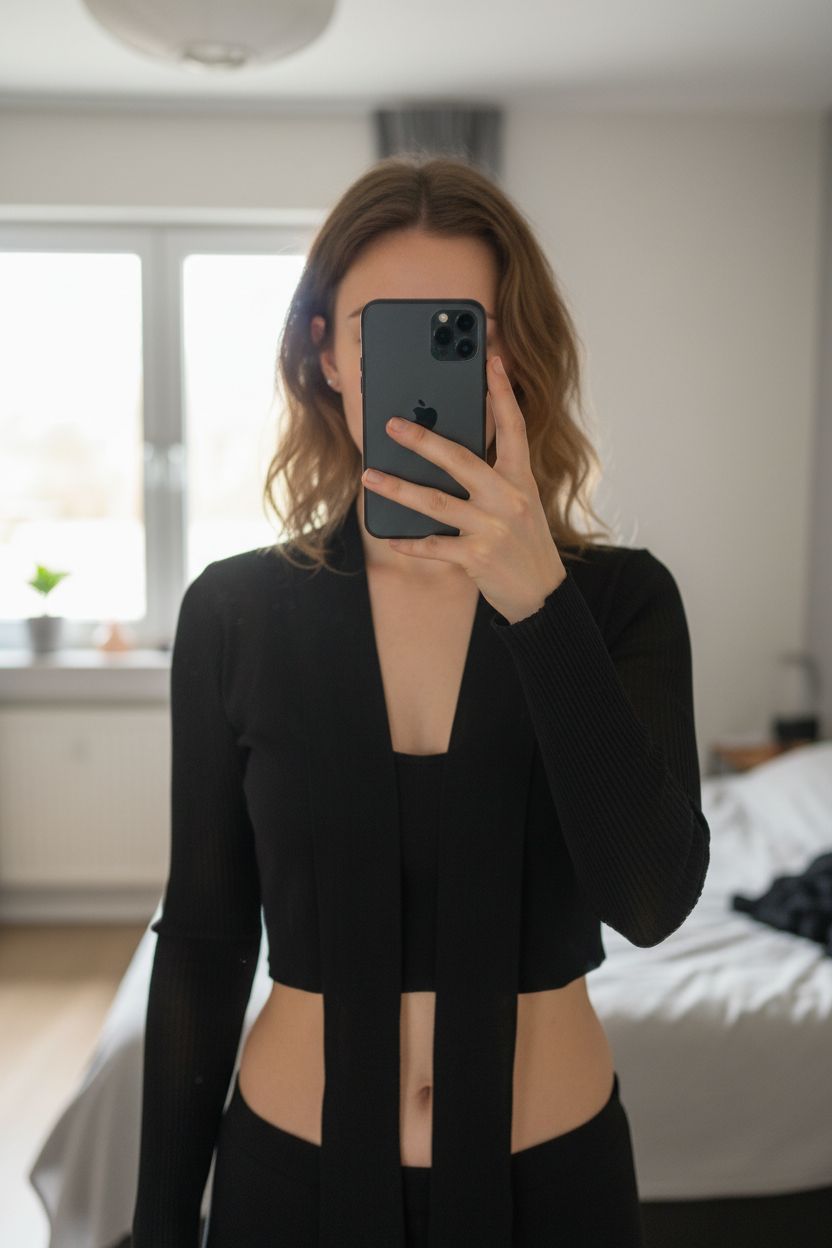 Boléro transparents influx taille 38 debout, face à la caméra, dans une chambre à la lumière douce, avec une lumière naturelle filtrant par la fenêtre.