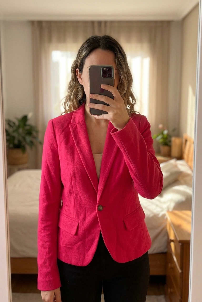 Giacca donna fucsia – taglia M – stile elegante in piedi, rivolto verso la fotocamera, in una camera da letto con luce soffusa e luce naturale che filtra dalla finestra.