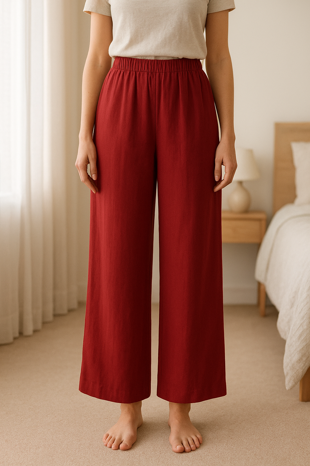 Saia bordeaux tam M em pé, de frente para a câmera, em um quarto com iluminação suave e luz natural filtrando pela janela.