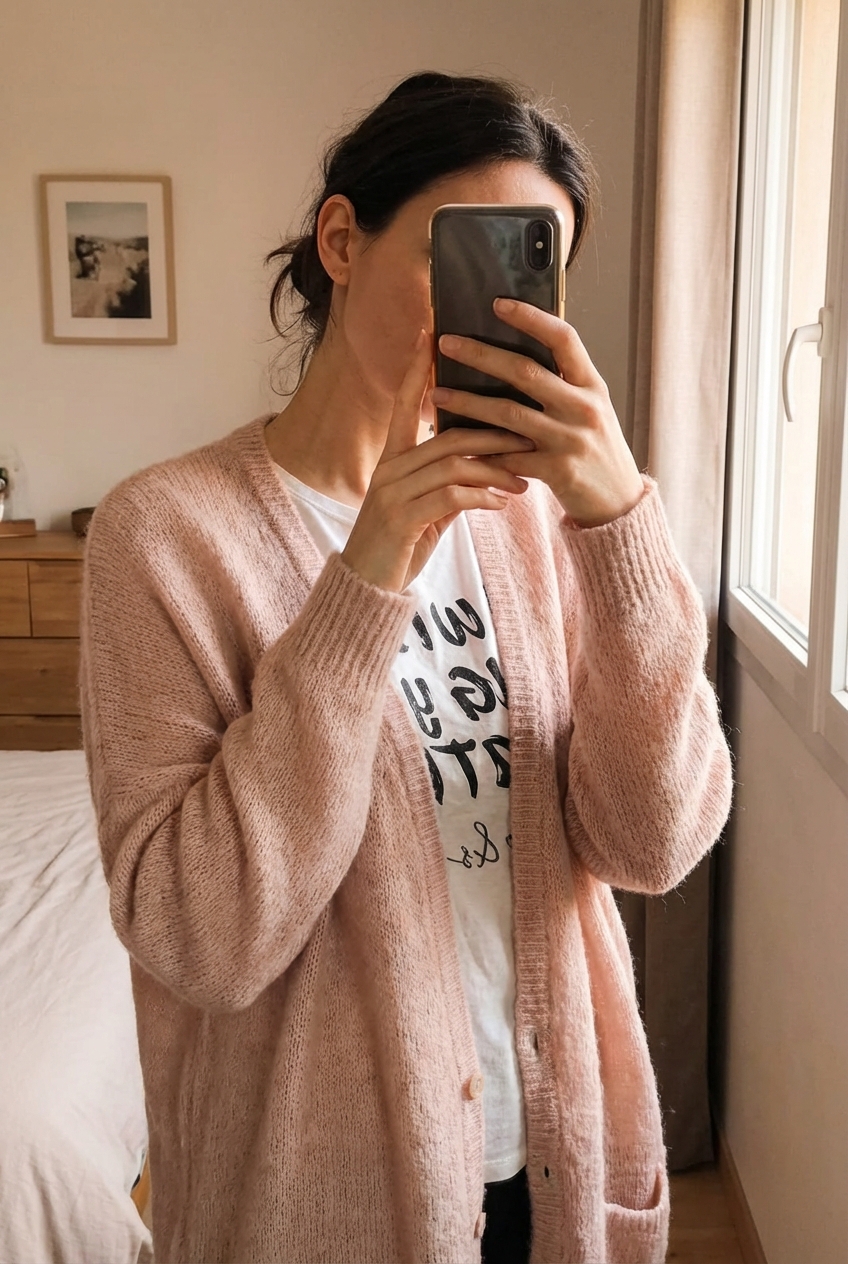 Une personne en American vintage veste debout, face à la caméra, avec une silhouette fine, dans une chambre à la lumière douce, avec une lumière naturelle filtrant par la fenêtre.