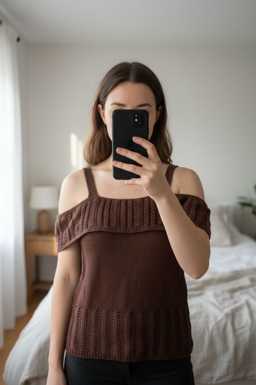 Haut marron printemps été S - Maglietta estate Donna S in piedi, rivolto verso la fotocamera, in una camera da letto con luce soffusa e luce naturale che filtra dalla finestra.