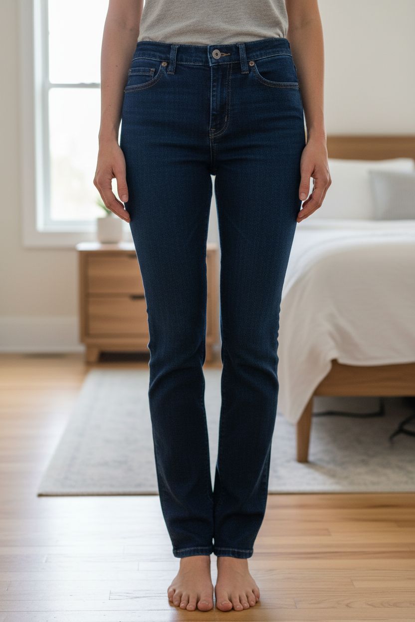 Jeans blau aufrecht stehend, der Kamera zugewandt, in einem sanft beleuchteten Schlafzimmer, mit natürlichem Licht, das durch ein Fenster fällt.