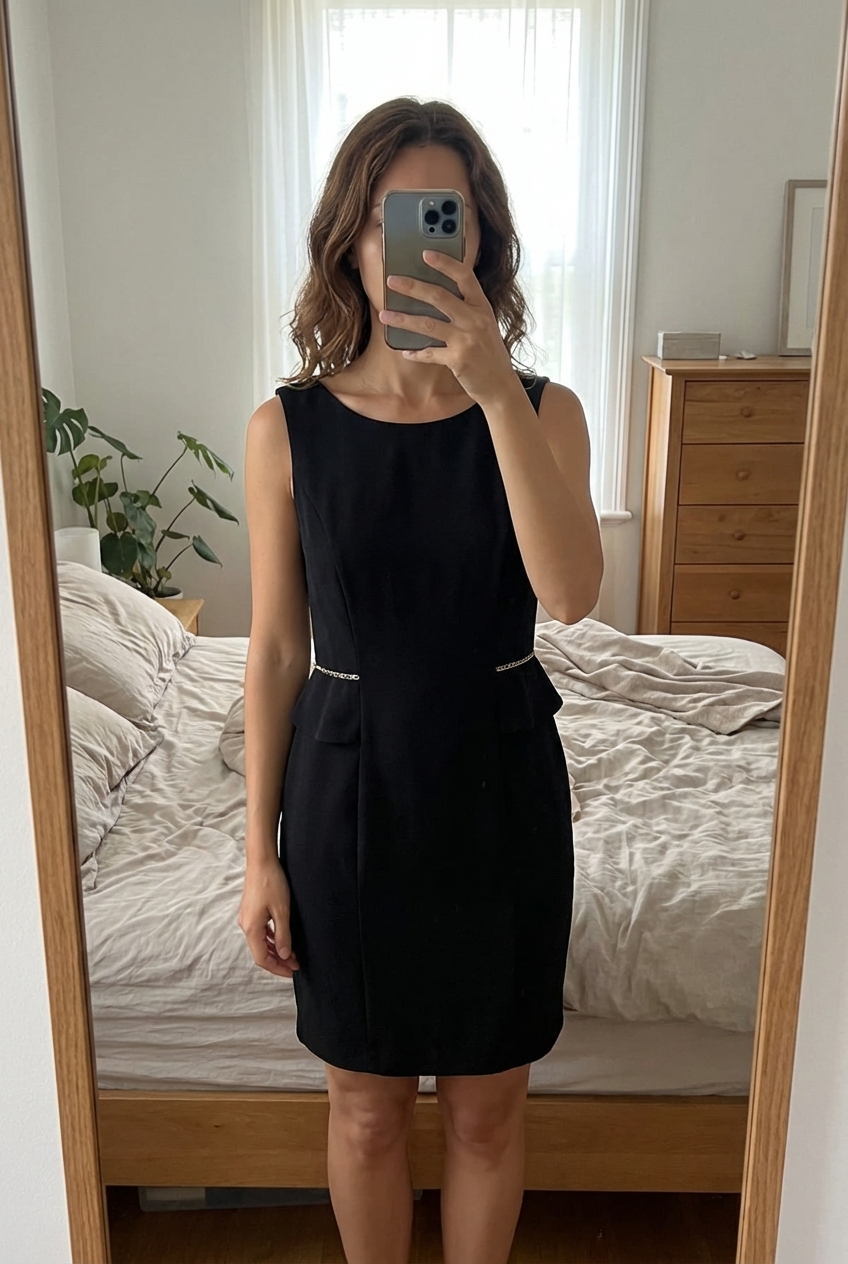 Une personne en Robe noire ajustée avec détails chaînes - Taille S debout, face à la caméra, avec une silhouette fine, dans une chambre à la lumière douce, avec une lumière naturelle filtrant par la fenêtre.