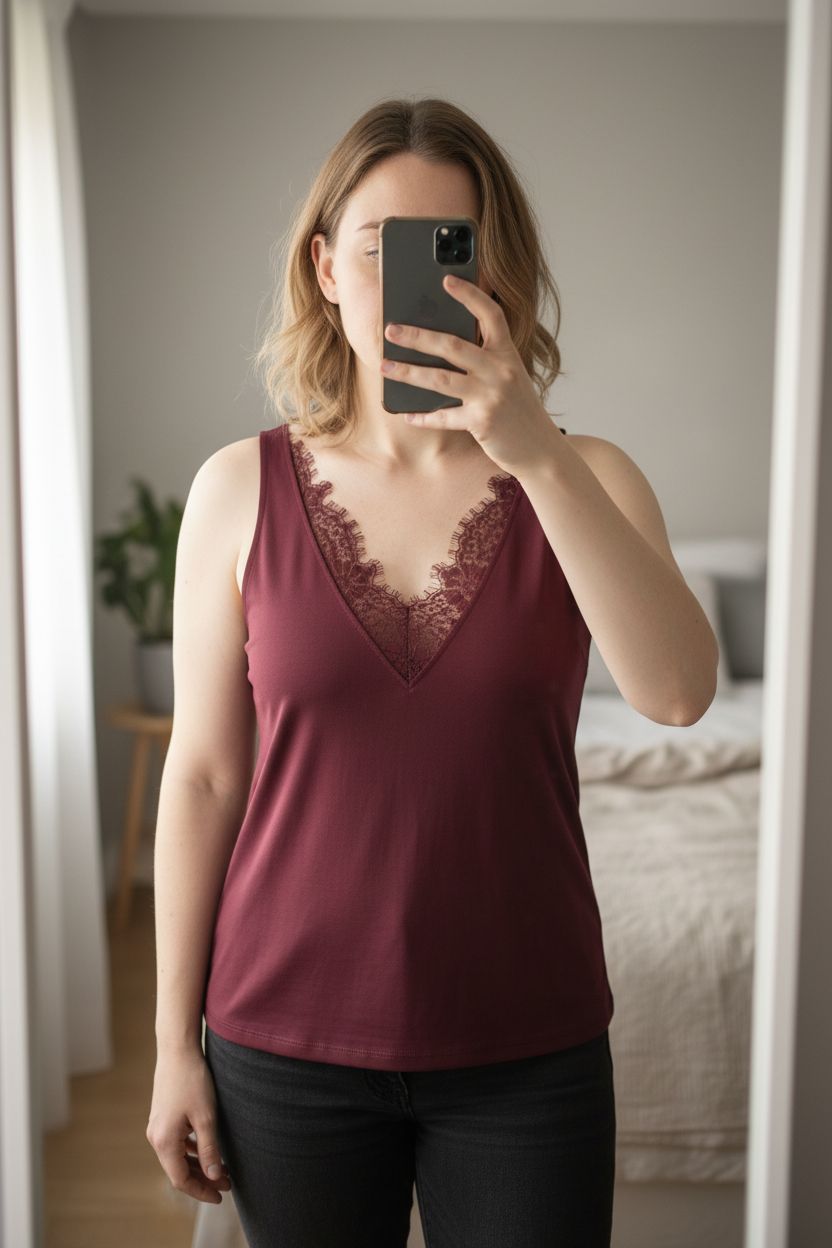 Une personne en Débardeur bordeaux H&M neuf debout, face à la caméra, avec une silhouette légèrement plus ronde, dans une chambre à la lumière douce, avec une lumière naturelle filtrant par la fenêtre.