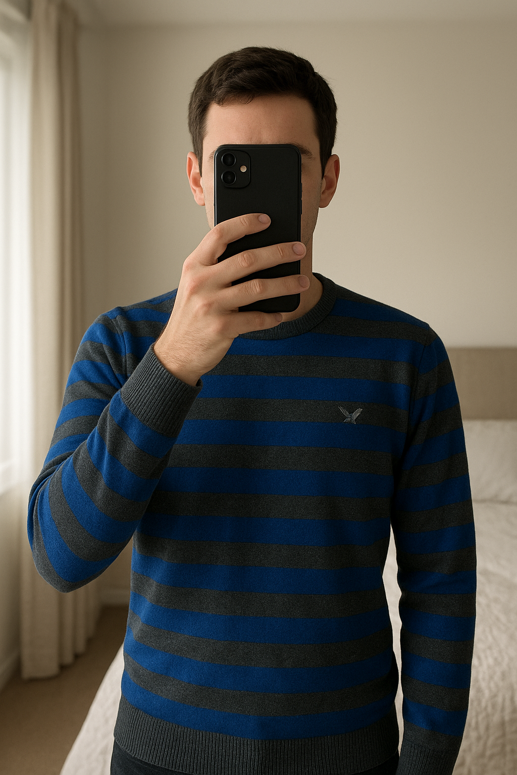 American Eagle Jersey Hombre – Talla M – Color Azul de pie, mirando a la cámara, en un dormitorio con luz suave y natural filtrándose por la ventana.