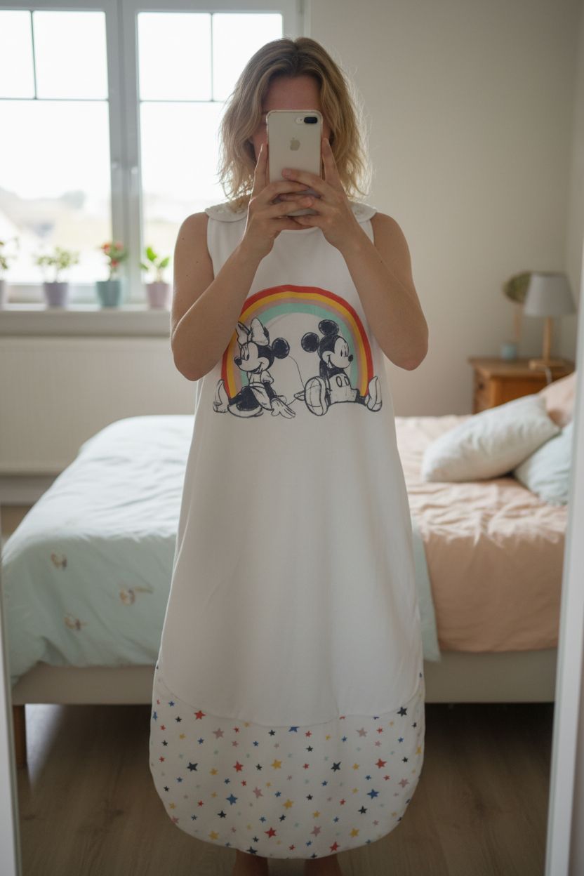 Gigoteuse 6-36 mois debout, face à la caméra, dans une chambre à la lumière douce, avec une lumière naturelle filtrant par la fenêtre.