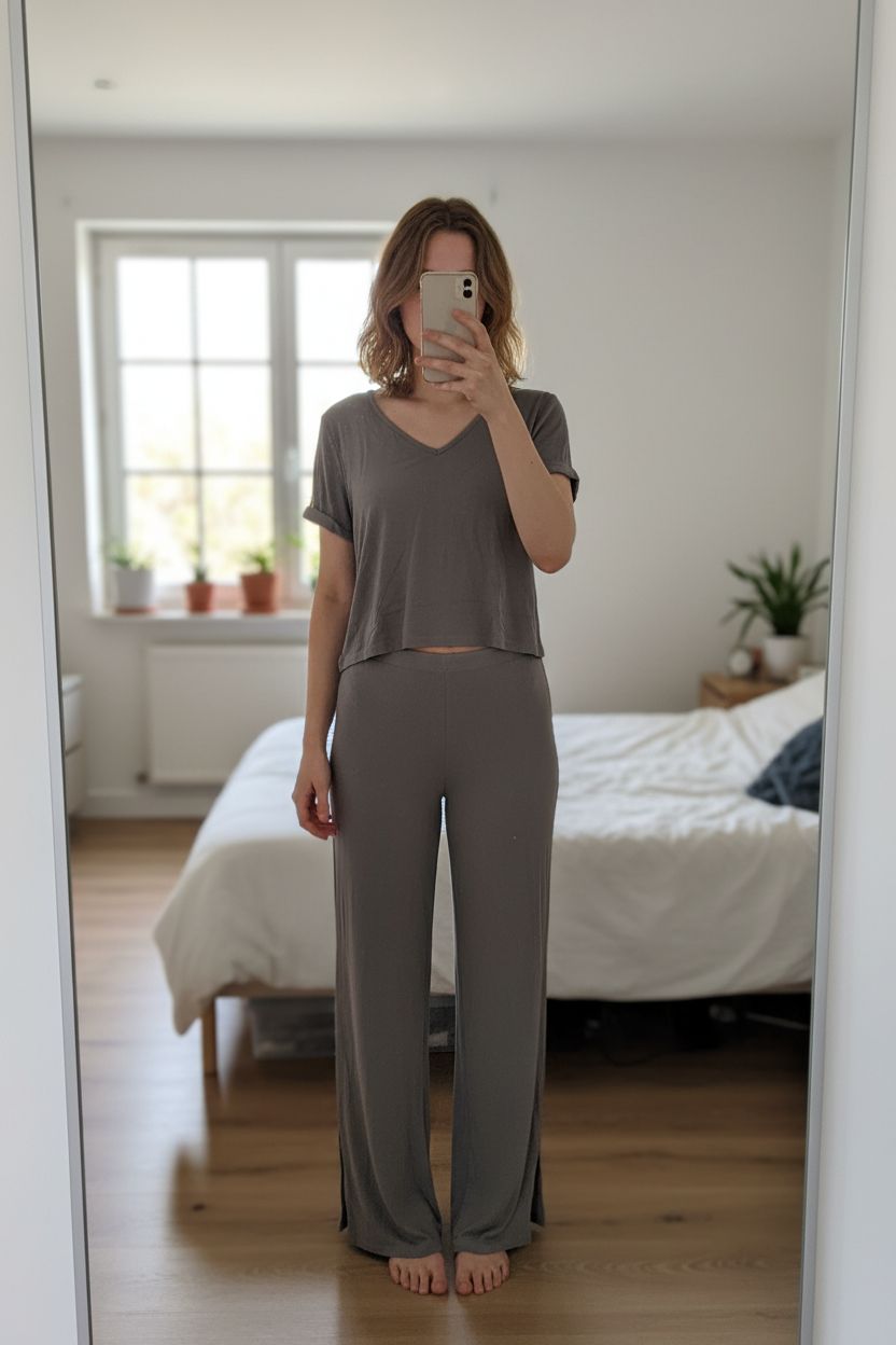 Ensemble missguided teeshirt pantalon taille 40 debout, face à la caméra, dans une chambre à la lumière douce, avec une lumière naturelle filtrant par la fenêtre.