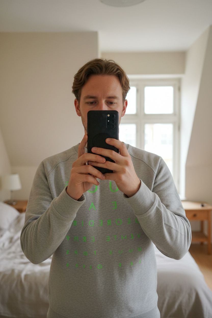 Sweat debout, face à la caméra, dans une chambre à la lumière douce, avec une lumière naturelle filtrant par la fenêtre.