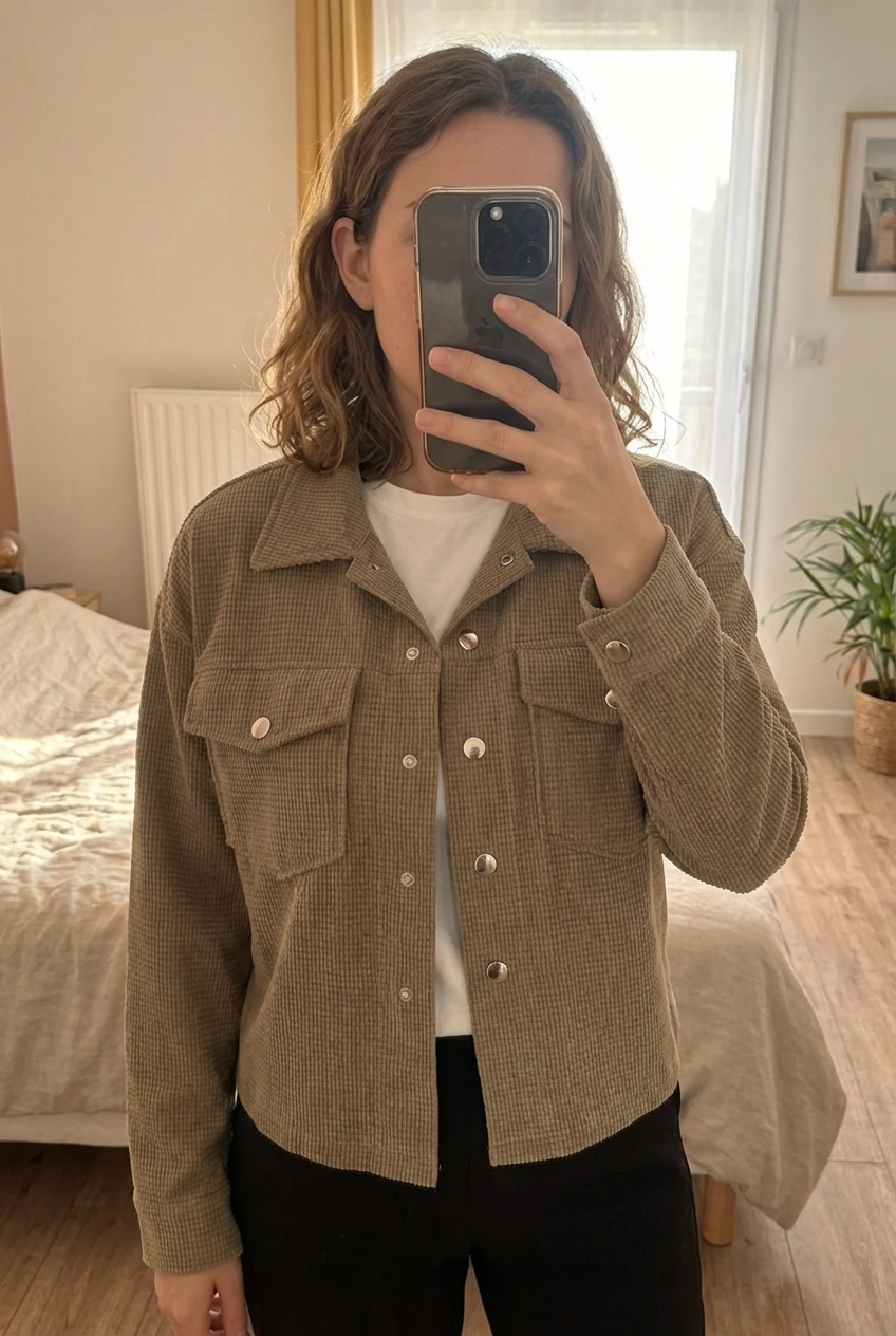 Veste kaki debout, face à la caméra, dans une chambre à la lumière douce, avec une lumière naturelle filtrant par la fenêtre.